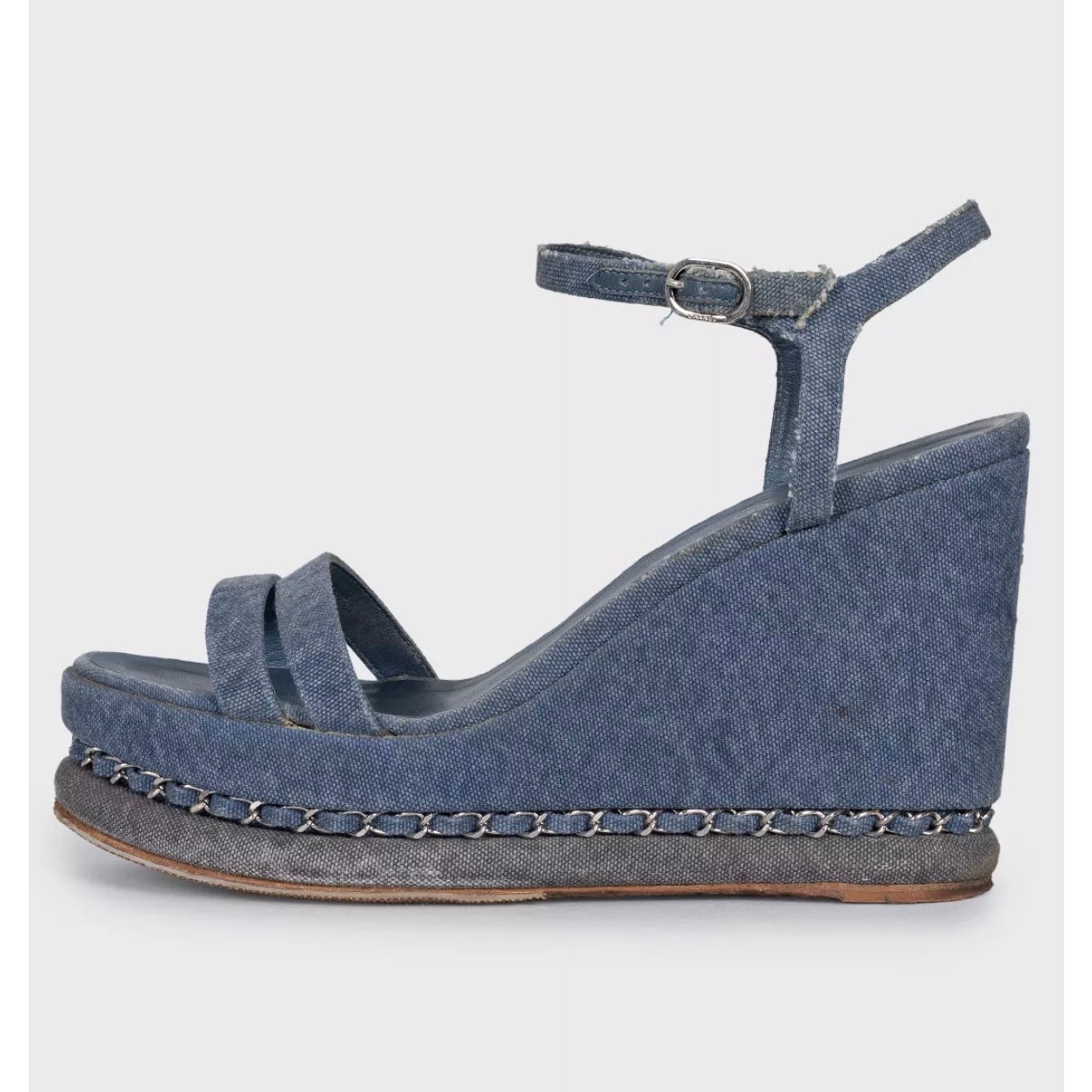 Chanel Blue Denim Wedge Sandals, Size 39.5
